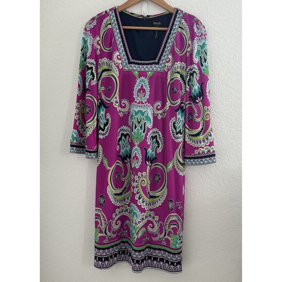 Laundry Shelli Segal Sheath Dress Womens 8 Purple Bell Sleeve Celestial Abstract - Picture 1 of 14
